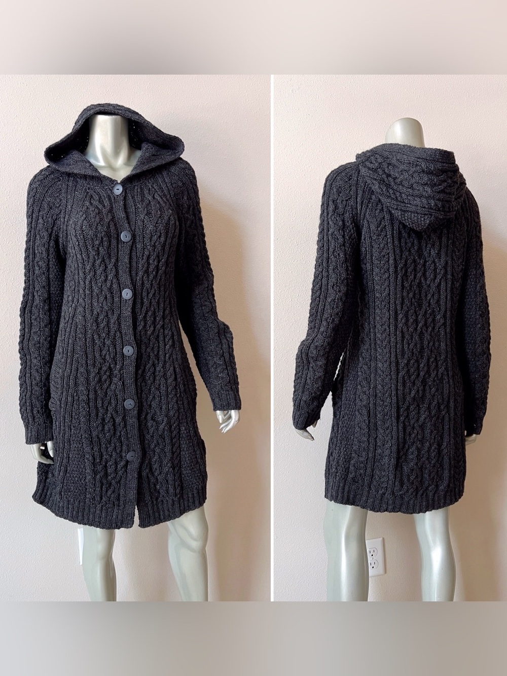 Inis Crafts Wool Hooded Cardigan Sweater Women’s M Irish Fisherman Pockets Gray
